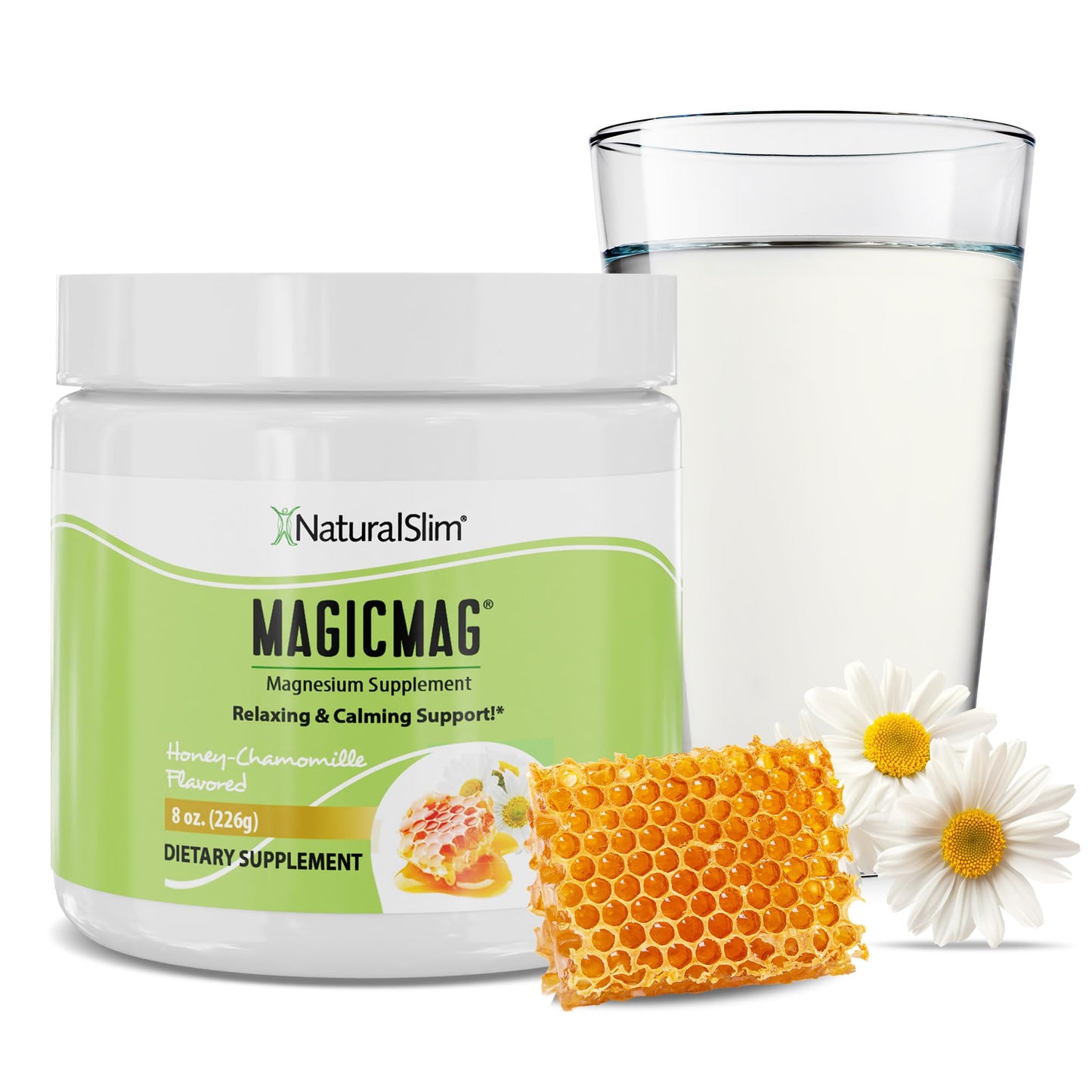 NaturalSlim MagicMag Magnesium Citrate Powder – Stress, Sleep & Heart Health Support | Honey Chamomile Drink Mix 8oz (Solo)