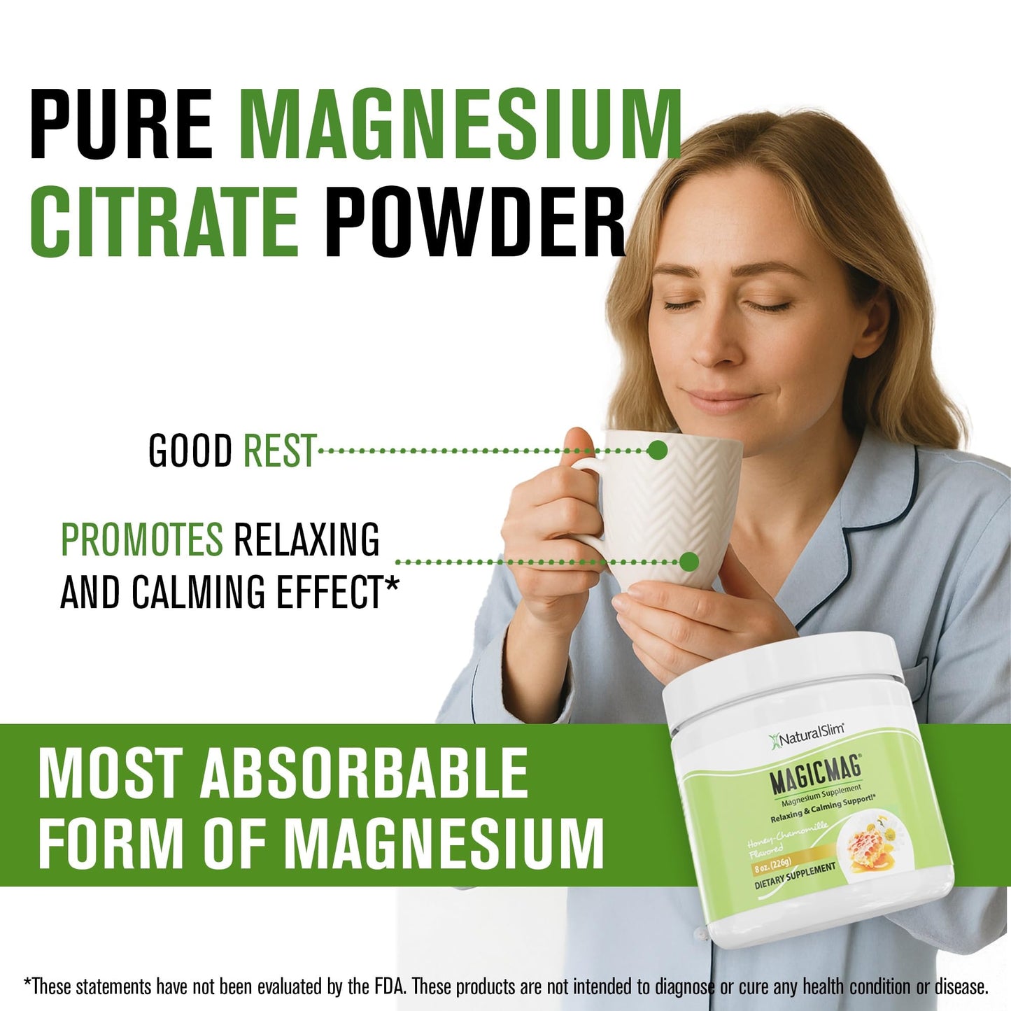 NaturalSlim MagicMag Magnesium Citrate Powder – Stress, Sleep & Heart Health Support | Honey Chamomile Drink Mix 8oz (Solo)