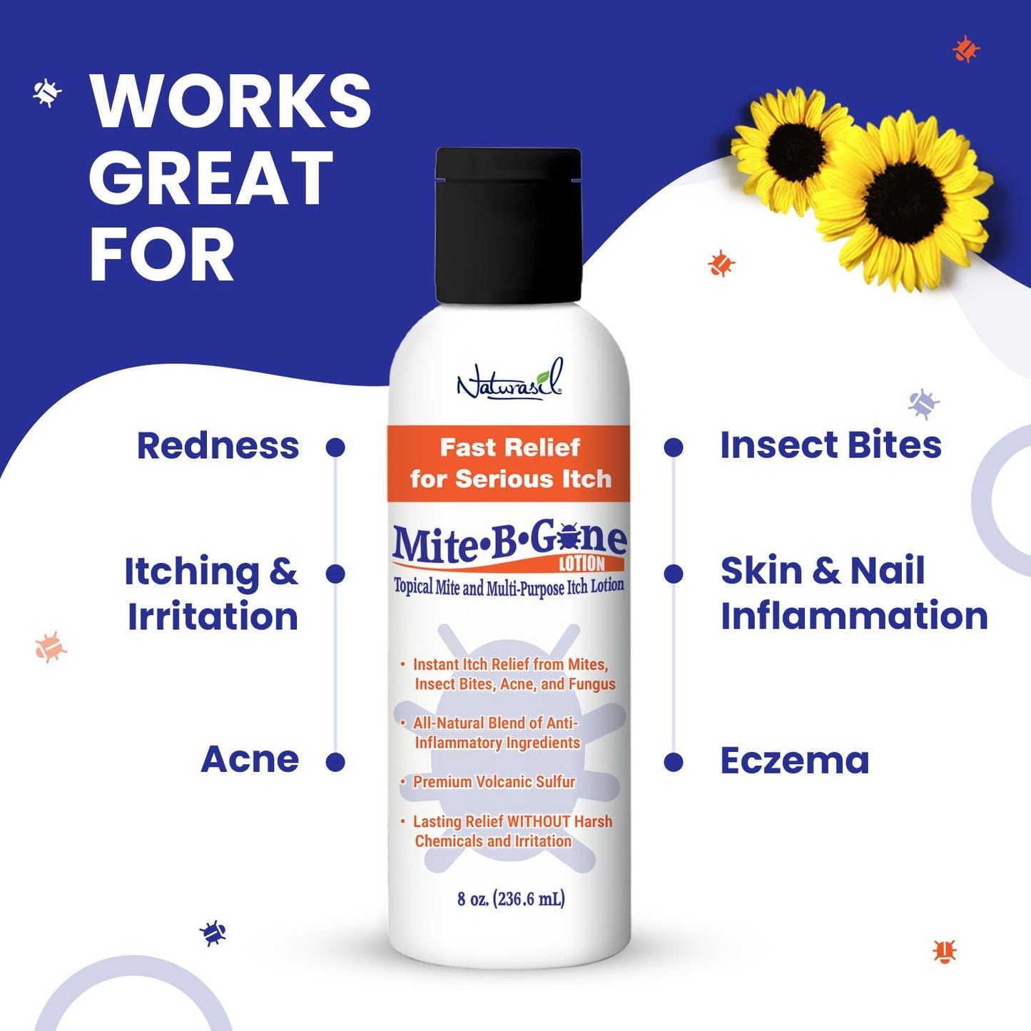 Naturasil Mosquito Bite Itch Relief by Mite-B-Gone – Natural Sulfur Lotion, 8 oz