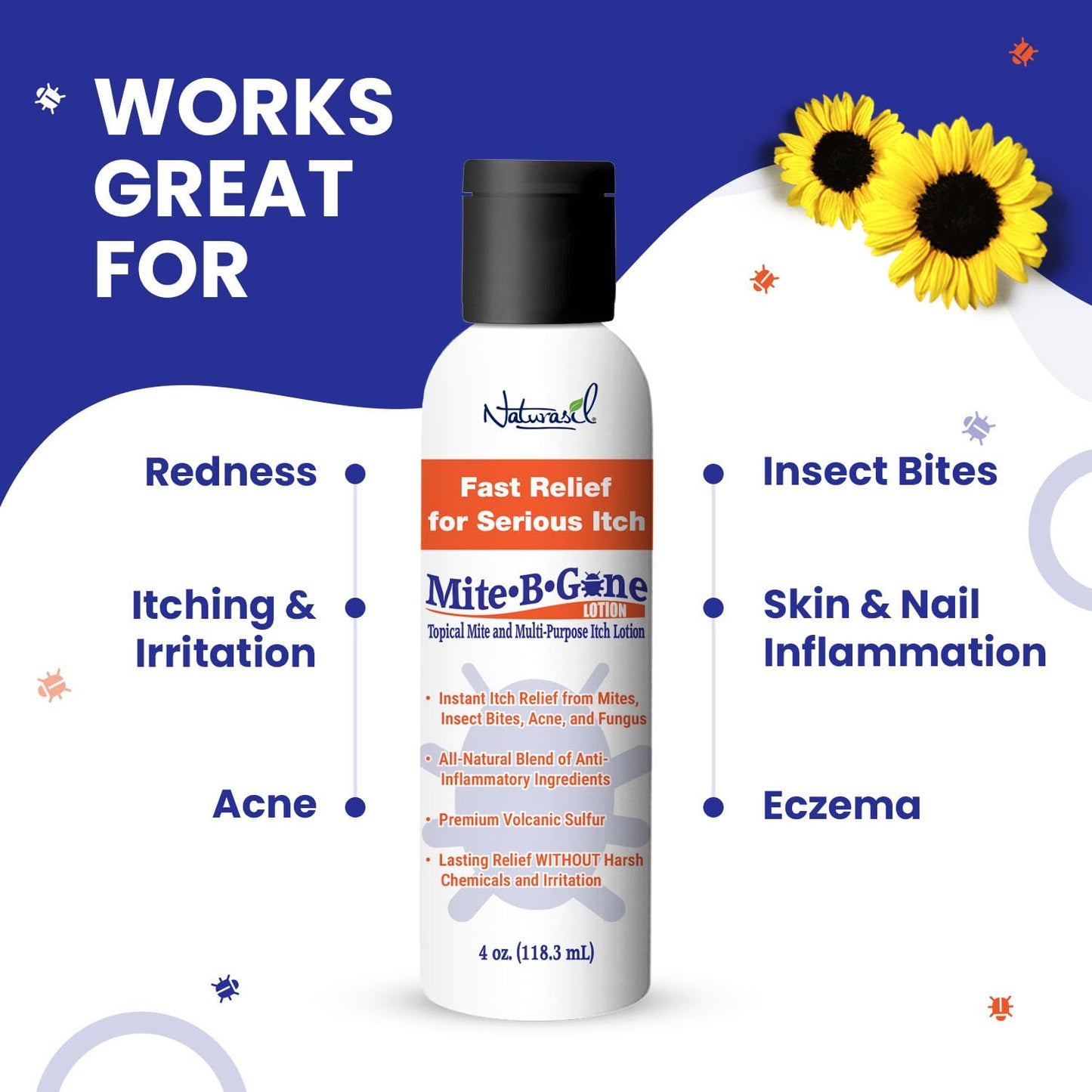 Naturasil Mite-B-Gone All-Natural Itch Relief Sulfur Lotion – Acne, Bug Bites, Redness & Rosacea | Safe for Kids & Adults | 4 oz
