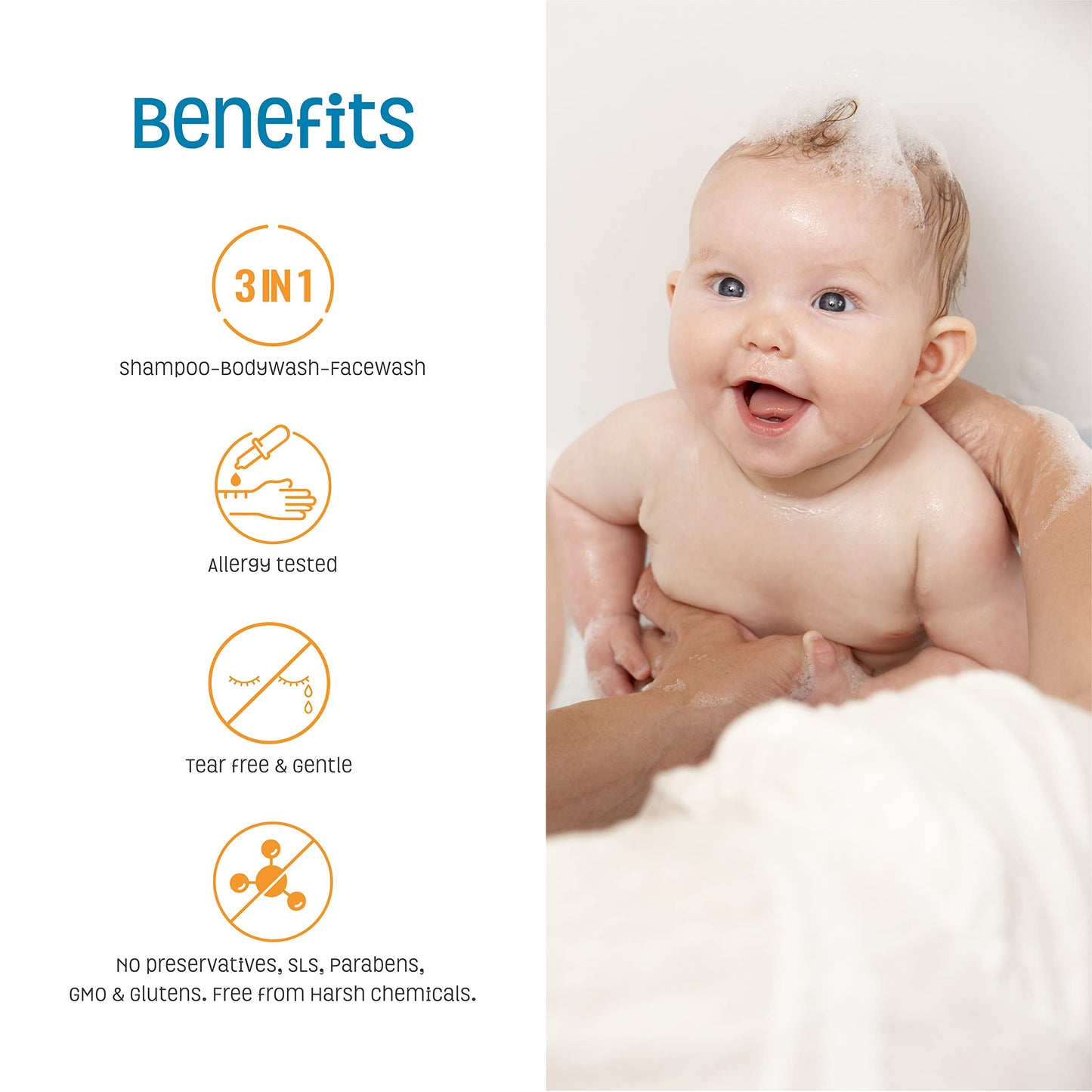 Nature's Baby 3-in-1 Shampoo/Body/Face Wash - Tear Free, No Sulfates - Vanilla Tangerine (16 oz, 2 Pack)