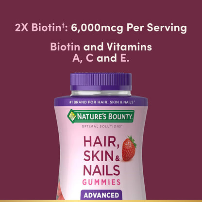Nature's Bounty Optimal Solutions Advanced Hair, Skin & Nails Gummies – 2X Biotin, 6,000 mcg per Serving