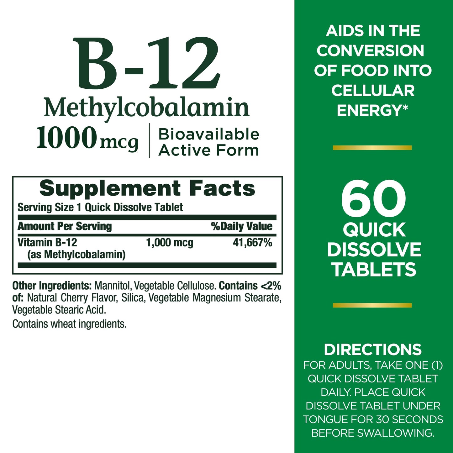 Nature's Bounty Vitamin B-12 Quick-Dissolve Tablets 1000mcg | Cherry Flavor, 60 ct