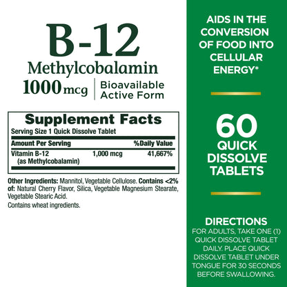 Nature's Bounty Vitamin B-12 Quick-Dissolve Tablets 1000mcg | Cherry Flavor, 60 ct