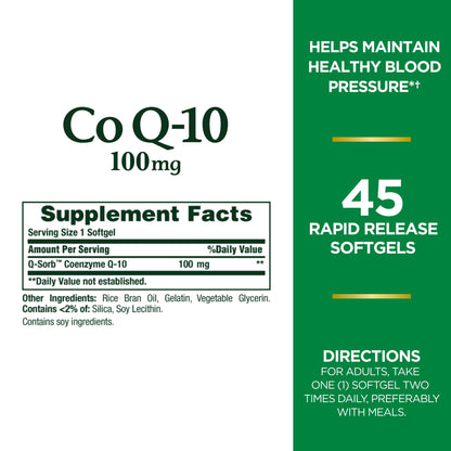 Nature's Bounty CoQ10 100mg Q-Sorb | Heart Health Support, Non-GMO Coenzyme Q-10 Softgels 45 ct