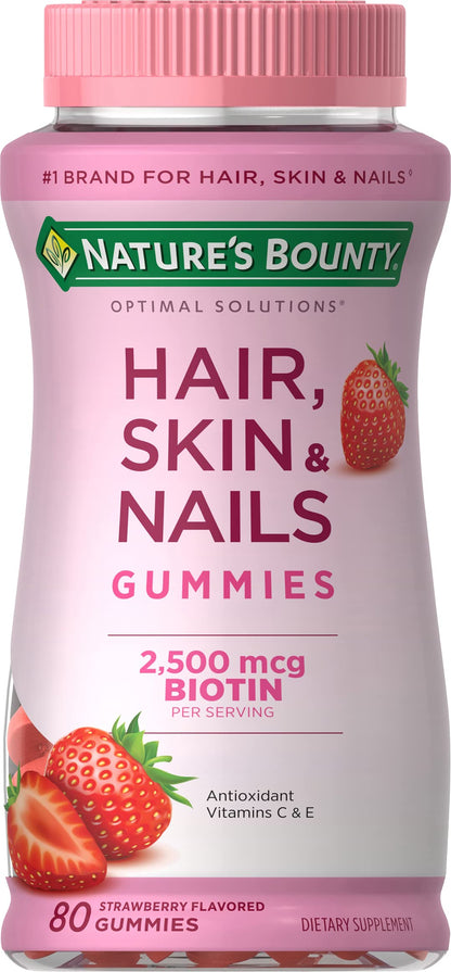 Nature’s Bounty Hair, Skin & Nails Gummies with Biotin – 2500 mcg, Strawberry, 80 Count