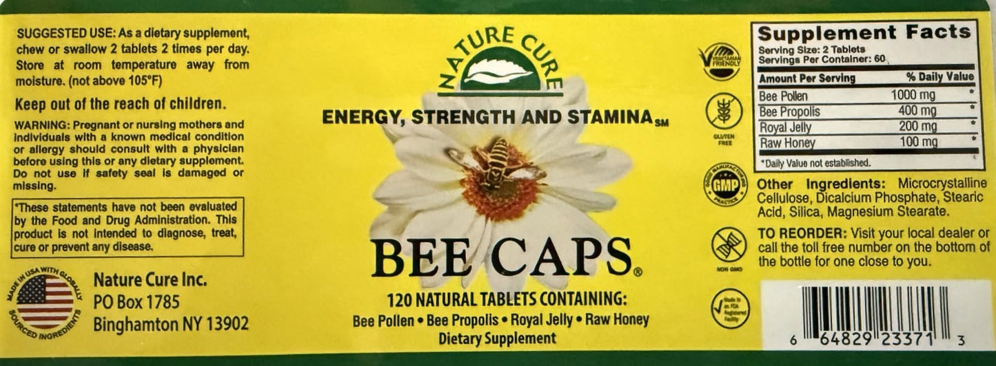 Nature Cure Bee Caps 120 Caplets | Bee Pollen, Propolis, Royal Jelly & Raw Honey