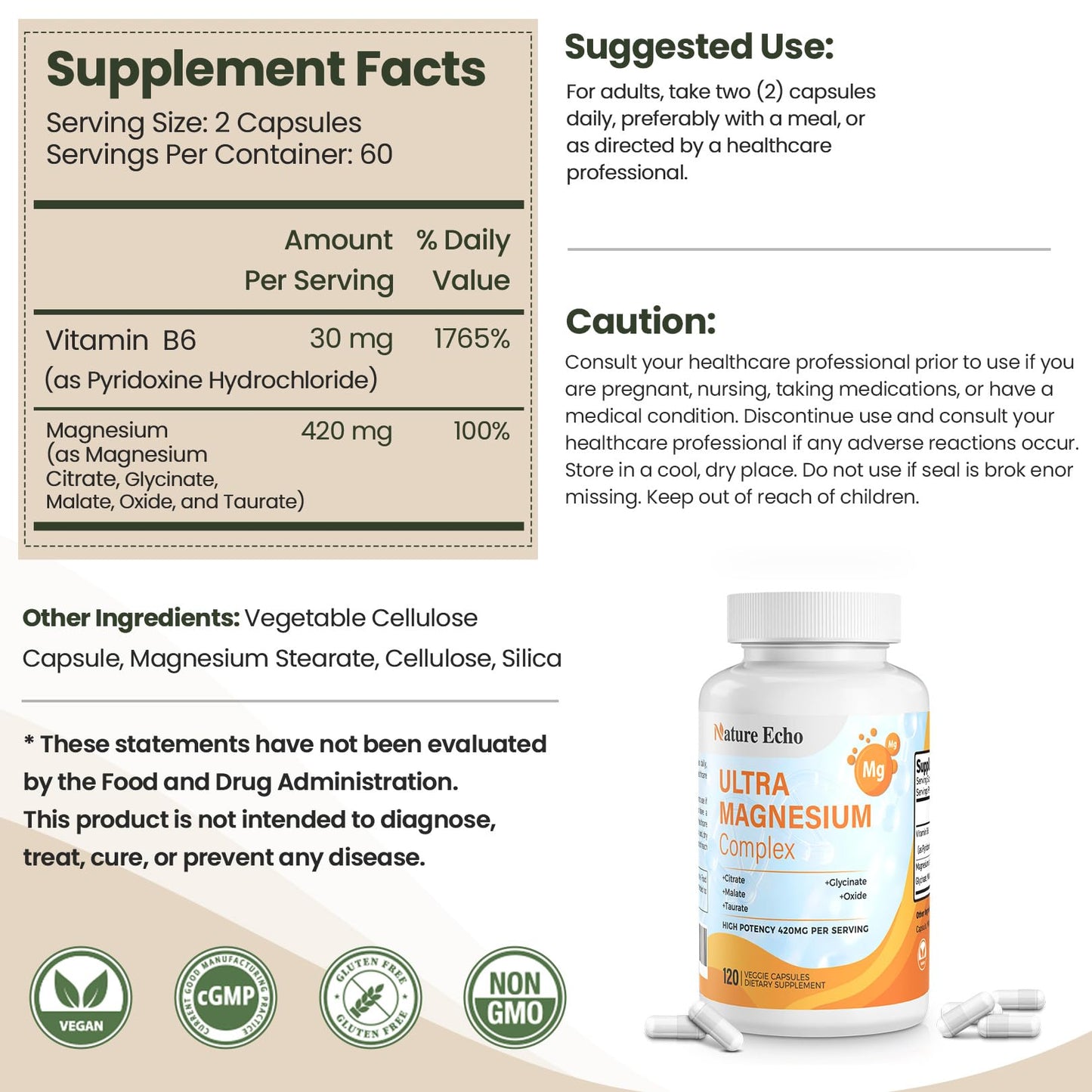 Nature Echo 6-in-1 Magnesium 420mg – Glycinate, Malate, Taurate, Citrate, Oxide + B6