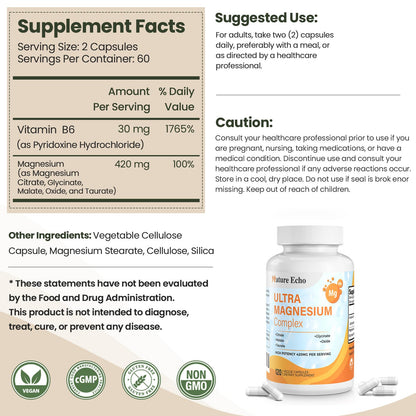 Nature Echo 6-in-1 Magnesium 420mg – Glycinate, Malate, Taurate, Citrate, Oxide + B6