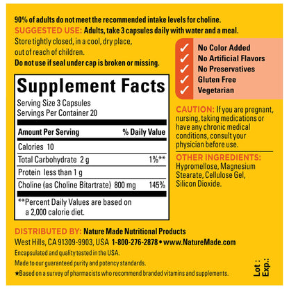 Nature Made Choline 800 mg – Brain Health, Mood & Liver Support | 60 Capsules