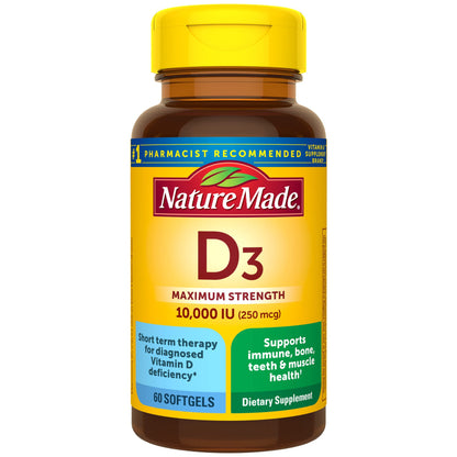 Nature Made Vitamin D3 10000 IU Softgels – Maximum Strength, 60 Count