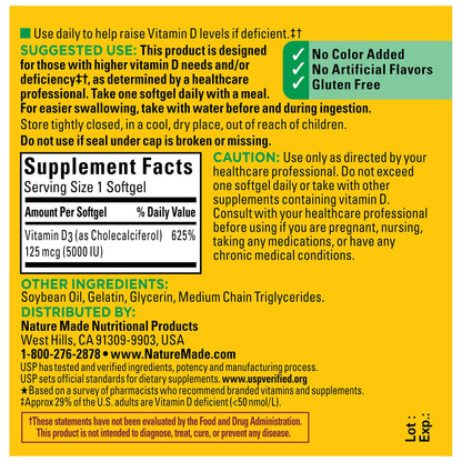 Nature Made Vitamin D3 5000 IU Softgels – Extra Strength (180 Count)
