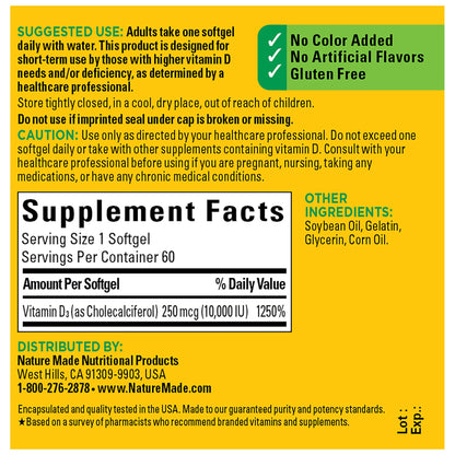 Nature Made Vitamin D3 10000 IU Softgels – Maximum Strength, 60 Count