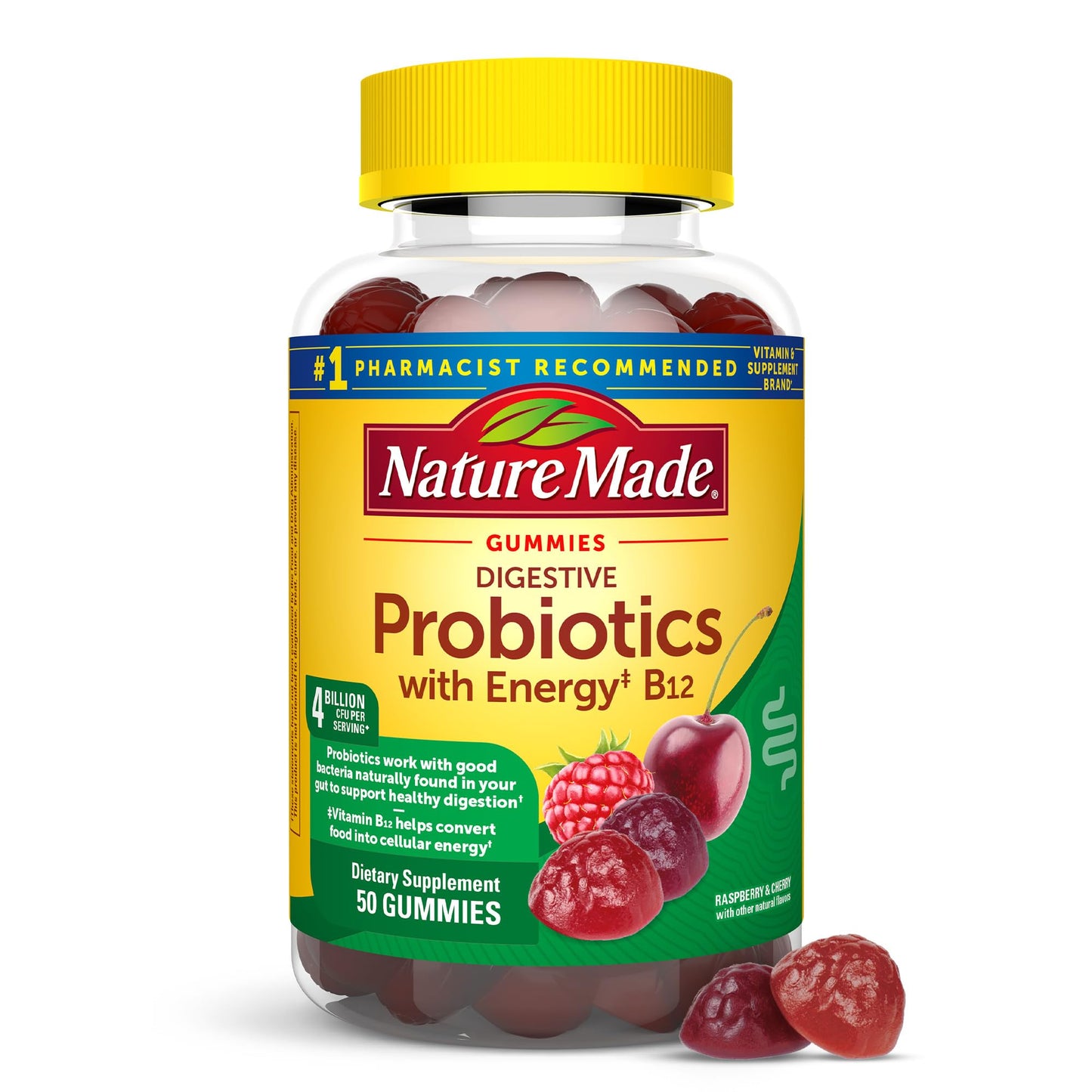 Nature Made Digestive Probiotics & Energy B12 Gummies – 50 Gummies, 25 Day Supply (Women & Men)