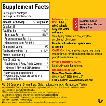 Nature Made Fish Oil 1200 mg Softgels – Omega-3 for Heart Health, 150-Count (75-Day Supply)