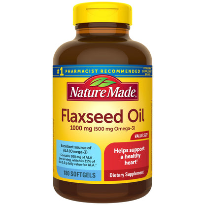 Nature Made Flaxseed Oil 1000 mg – Fish-Free Omega-3 for Heart Health (180 Softgels)