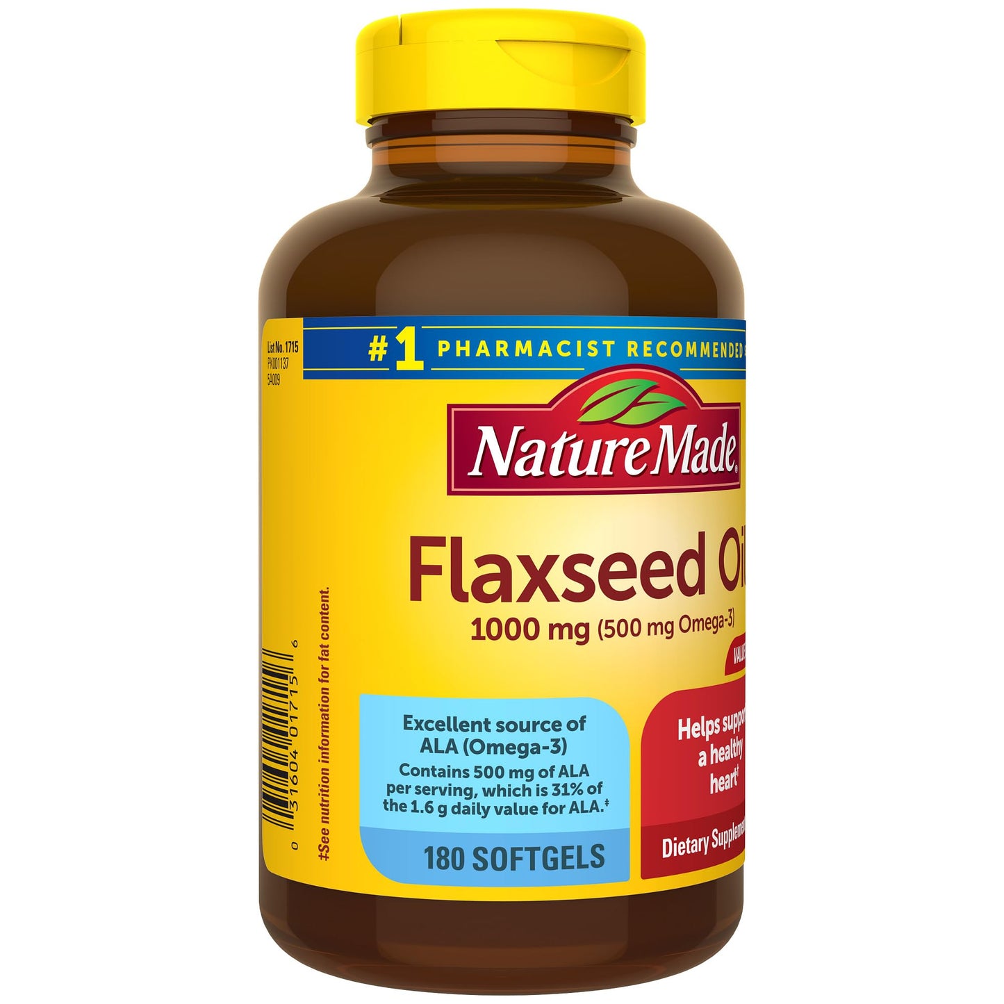Nature Made Flaxseed Oil 1000 mg – Fish-Free Omega-3 for Heart Health (180 Softgels)