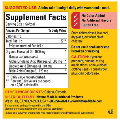 Nature Made Flaxseed Oil 1000 mg – Fish-Free Omega-3 for Heart Health (180 Softgels)