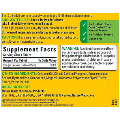Nature Made Iron 65 mg (Ferrous Sulfate) Tablets — 365 ct | Red Blood Cell Support