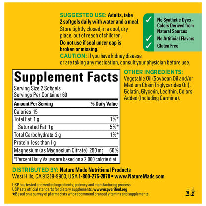 Nature Made Magnesium Citrate 250 mg Softgels – 60-Day Supply for Muscle, Nerve, Bone & Heart Health