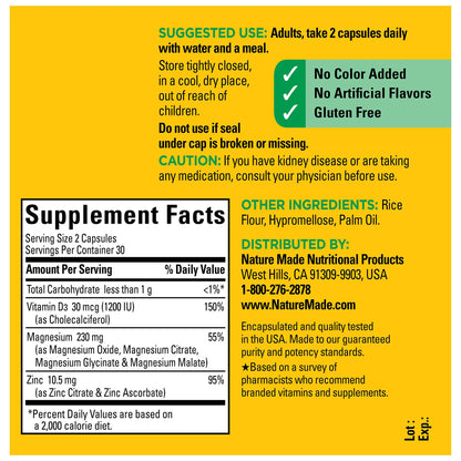 Nature Made Magnesium Complex with Vitamin D3 & Zinc – 60 Capsules | Immune & Muscle Support