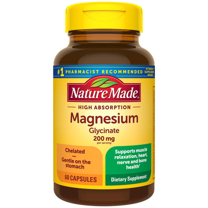 Nature Made Magnesium Glycinate 200 mg – 60 Capsules | Supports Muscle, Heart, Nerve & Bone Health