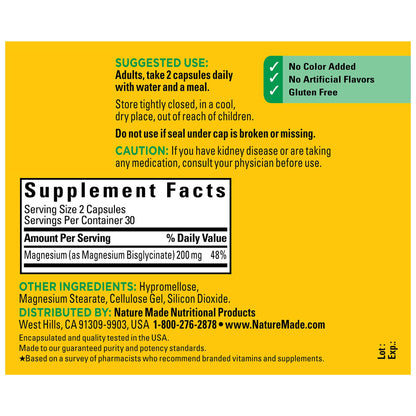 Nature Made Magnesium Glycinate 200 mg – 60 Capsules | Supports Muscle, Heart, Nerve & Bone Health