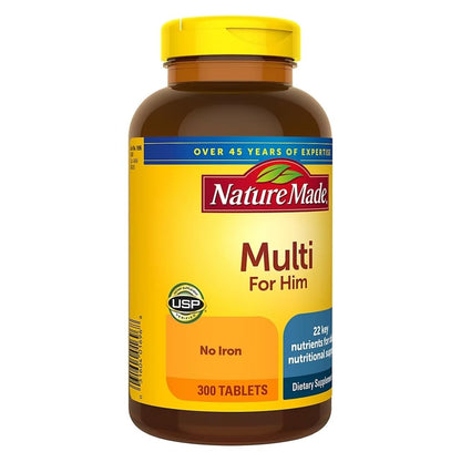 Nature Made Multivitamin For Him No Iron - 300 Tablets, Men's Daily Nutrition
