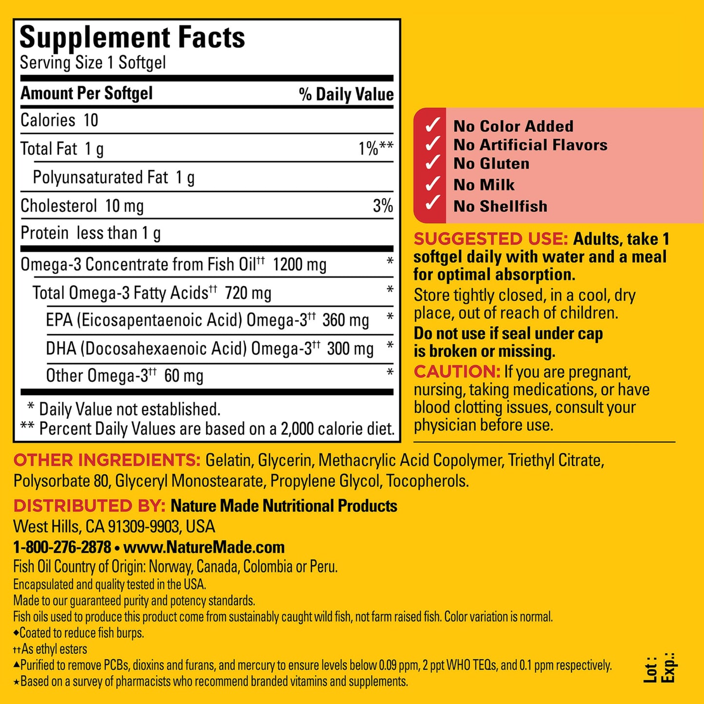 Nature Made Burp Less Omega-3 1200 mg Fish Oil Softgels – 120 Count