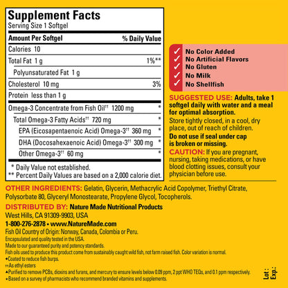 Nature Made Burp Less Omega-3 1200 mg Fish Oil Softgels – 120 Count