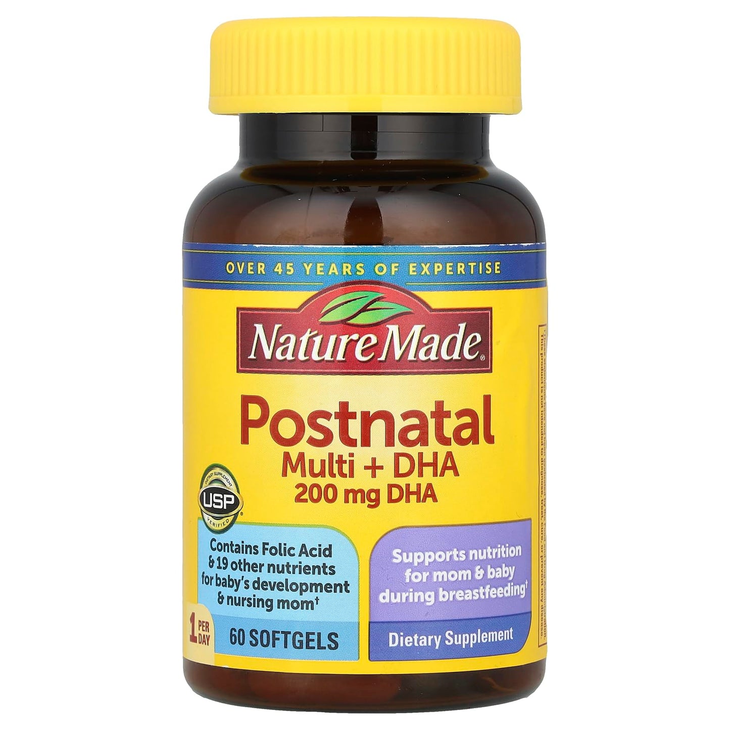 Nature Made Postnatal Multivitamin + DHA 200 mg, 60 Softgels – Supports Nursing Moms & Baby During Breastfeeding