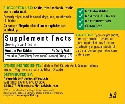 Nature Made Potassium Gluconate 550mg – 100 Tablets (Pack of 5)