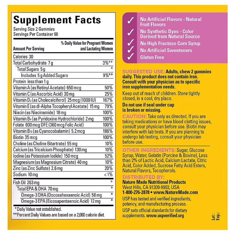 Nature Made Prenatal Gummies with DHA + Folic Acid – Berry (120 CT) + White Peach Hydration Sticks
