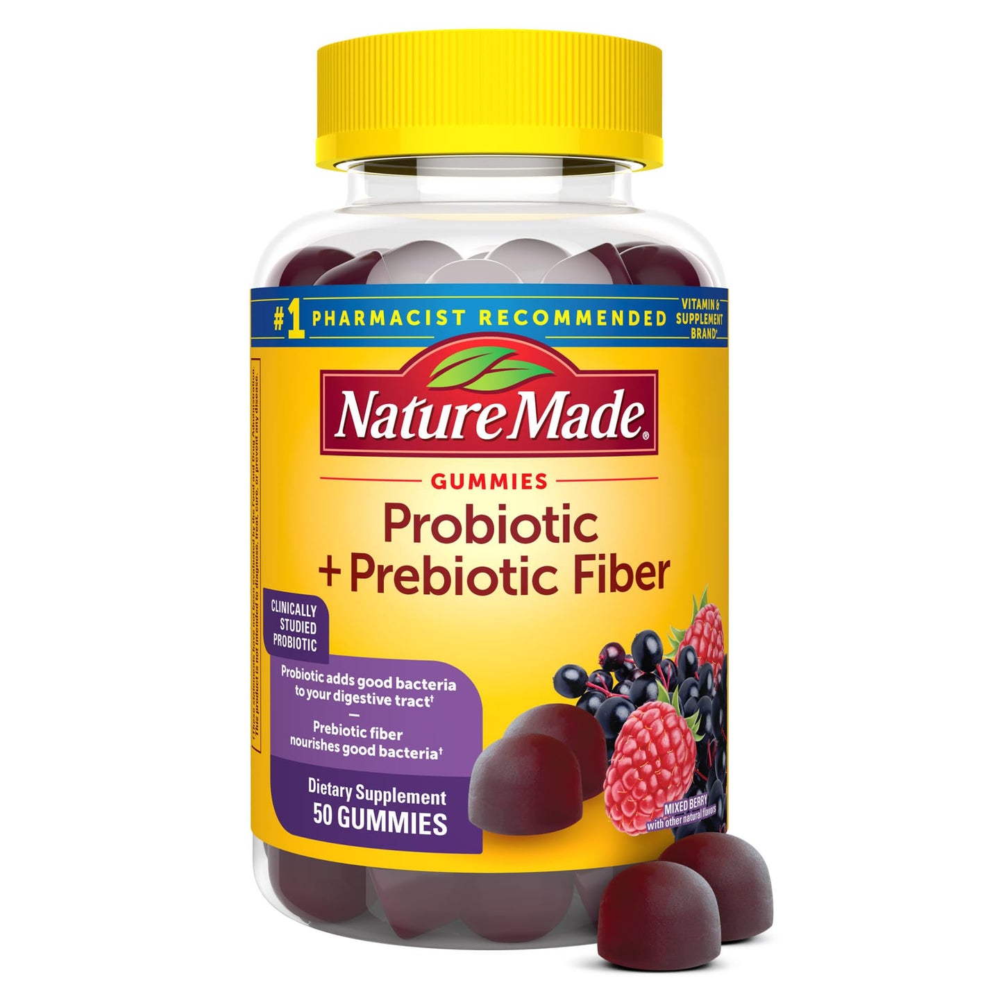 Nature Made Probiotic + Prebiotic Fiber Gummies – Gut Health Support, 50 Count (25 Day Supply)