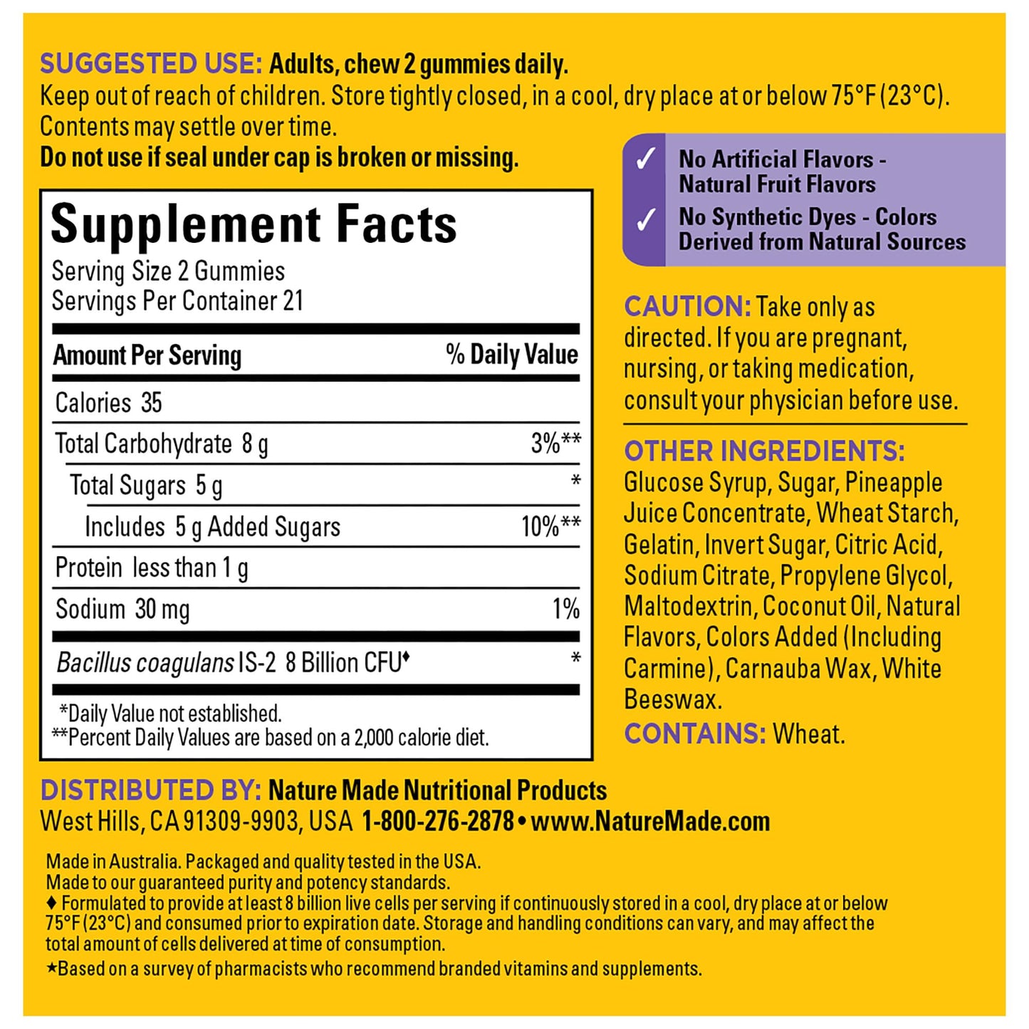 Nature Made Probiotics Extra Strength Gummies — 8 Billion CFU per 2 Gummies, 42‑Count, 21 Day Supply