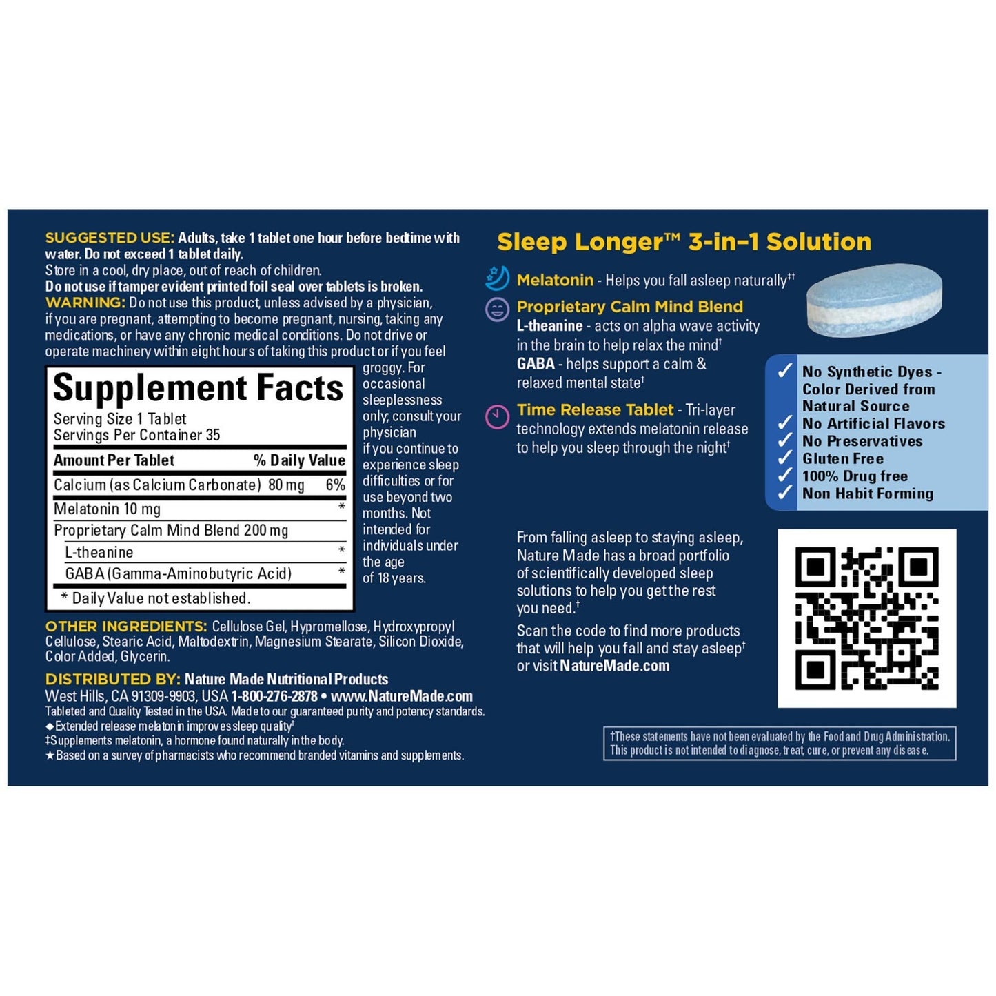 Nature Made Sleep Longer: Melatonin 10mg Time Release Tri-Layer, 35 Tablets