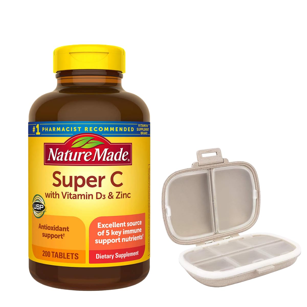 Nature Made Super C with Vitamin D3 and Zinc, 200 Tablets Bundle with Pill Organizer (2 Items)