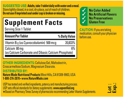Nature Made Vitamin B-12 500 mcg Tablets - Pack of 2 (100 count per bottle) | 200 Tablets Total