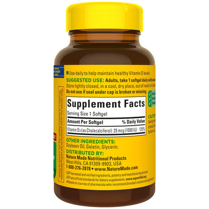 Nature Made Vitamin D3 1000 IU Softgels – 180 Count | Bone, Teeth, Muscle & Immune Health