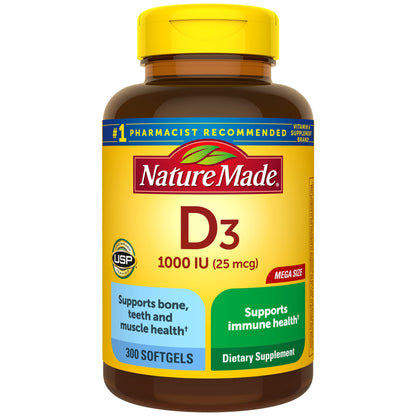 Nature Made Vitamin D3 1000 IU (25 mcg) Softgels – 300-Day Bone, Teeth, Muscle & Immune Support