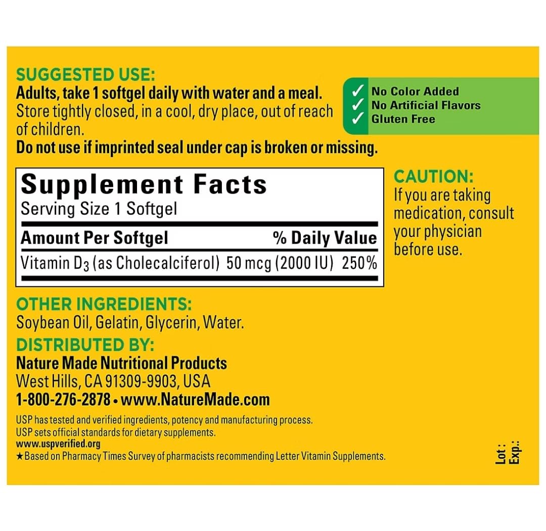 Nature Made Vitamin D3 2000 IU - 320 Softgels | Packaging May Vary