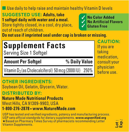 Nature Made Vitamin D3 2000 IU Liquid Softgels – 90 ea (Pack of 2) | Vitamin D3 Supplement
