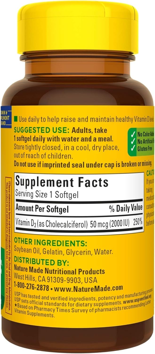 Nature Made Vitamin D3 2000 IU (50 mcg) 90 Softgels – Immune, Bones & Muscle Support