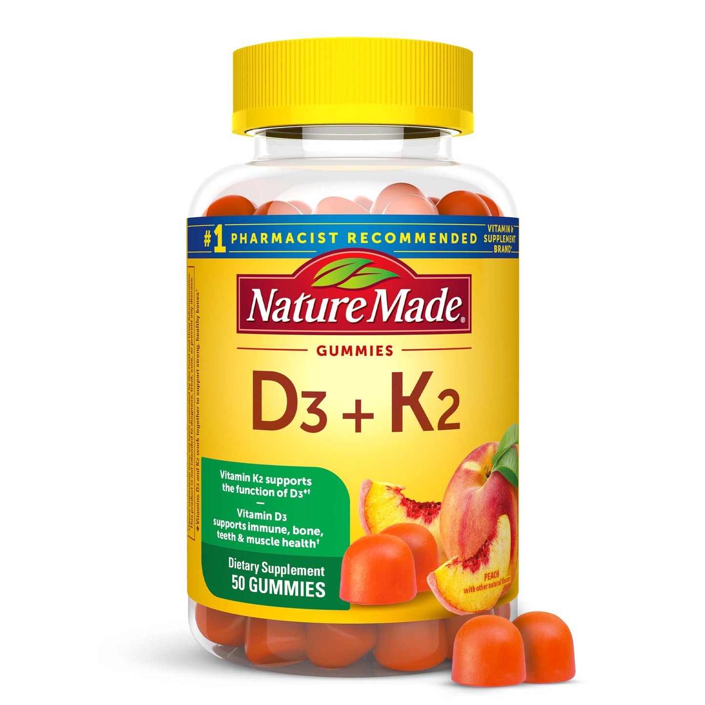 Nature Made Vitamin D3 + K2 Gummies — 5000 IU D3 per Serving, 50-Count Peach