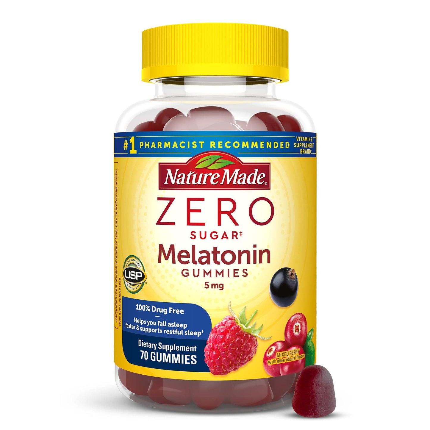Nature Made Zero Sugar Melatonin Gummies 5mg – 70 Count, 70-Day Supply | Drug-Free Sleep Aid