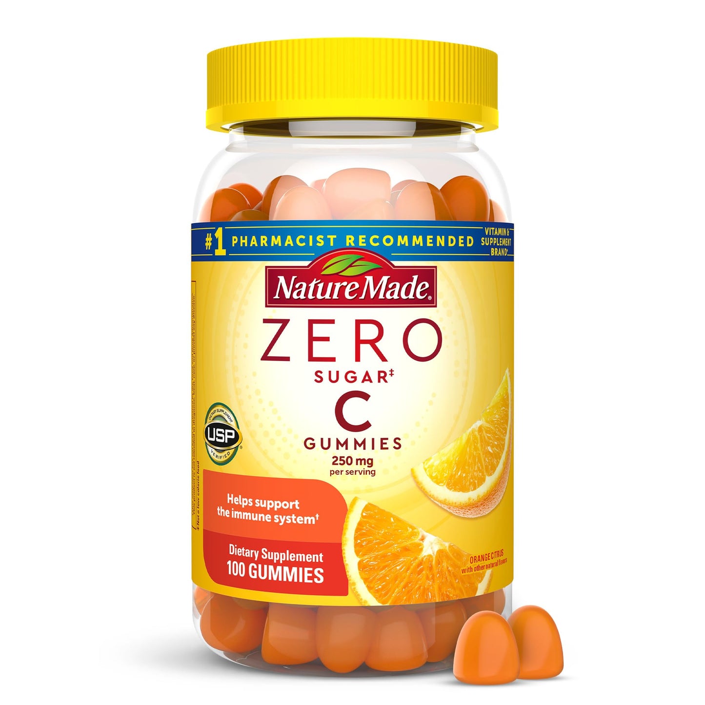 Nature Made Zero Sugar Vitamin C Gummies 250 mg per Serving, Immune & Antioxidant Support, Aspartame Free, 100 Sugar Free Gummies, 50 Day Supply