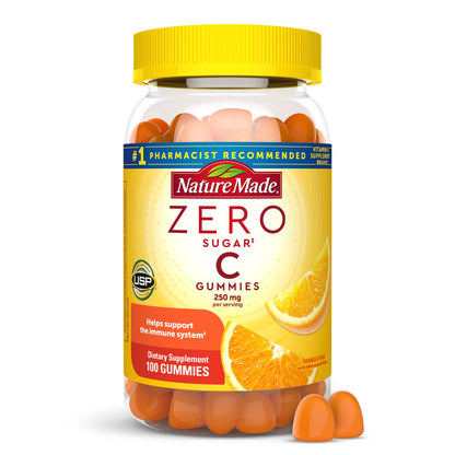 Nature Made Zero Sugar Vitamin C Gummies 250 mg per Serving, Immune & Antioxidant Support, Aspartame Free, 100 Sugar Free Gummies, 50 Day Supply