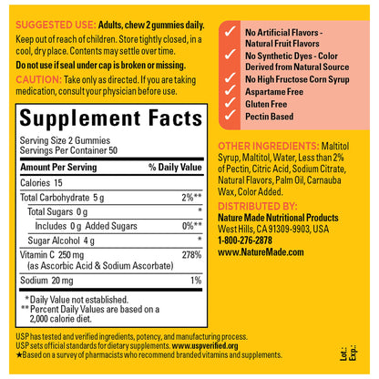 Nature Made Zero Sugar Vitamin C Gummies 250 mg per Serving, Immune & Antioxidant Support, Aspartame Free, 100 Sugar Free Gummies, 50 Day Supply