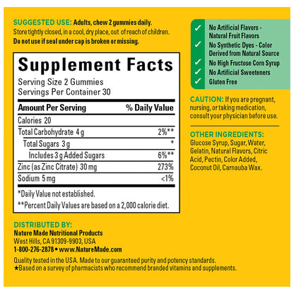 Nature Made Zinc 30 mg Gummies – Immune Support & Antioxidant Health, 60-Count