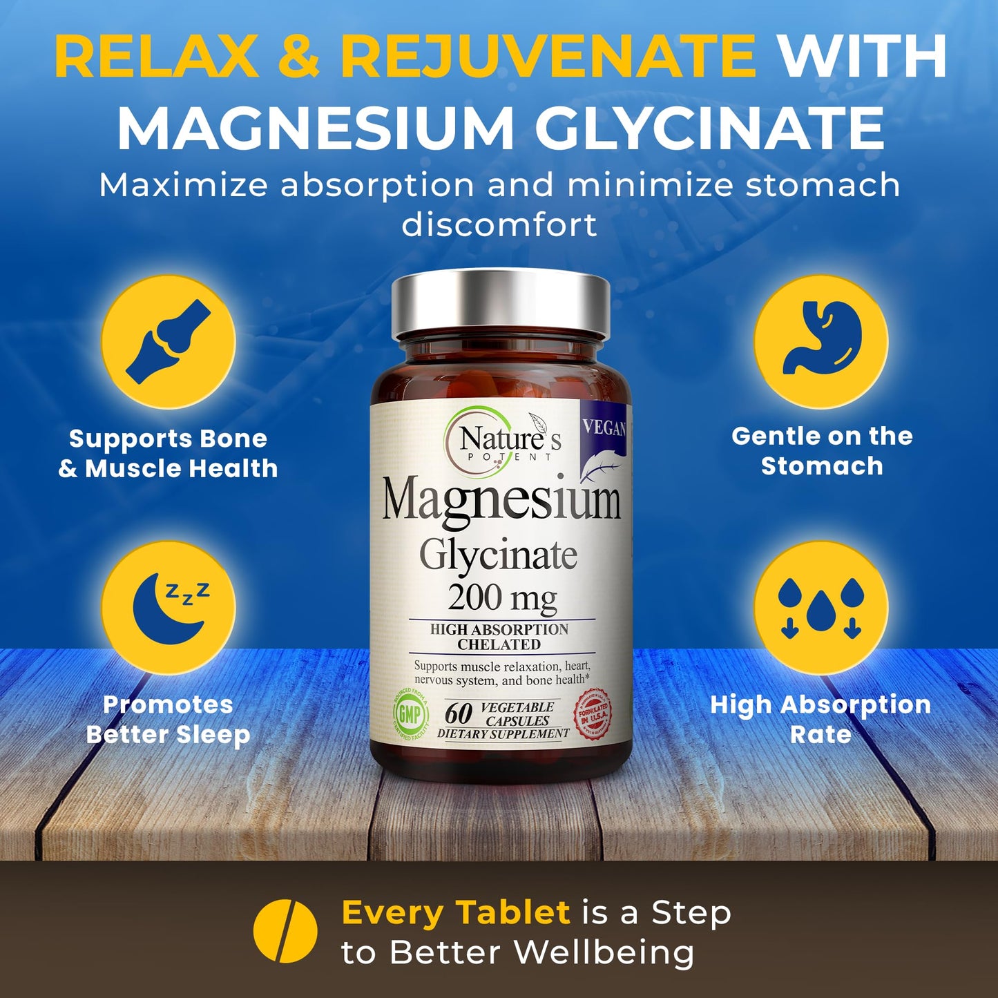 Nature’s Potent Magnesium Glycinate 200mg – High Absorption Chelated Magnesium | Sleep, Calm & Muscle Support | Vegan, 60 Capsules